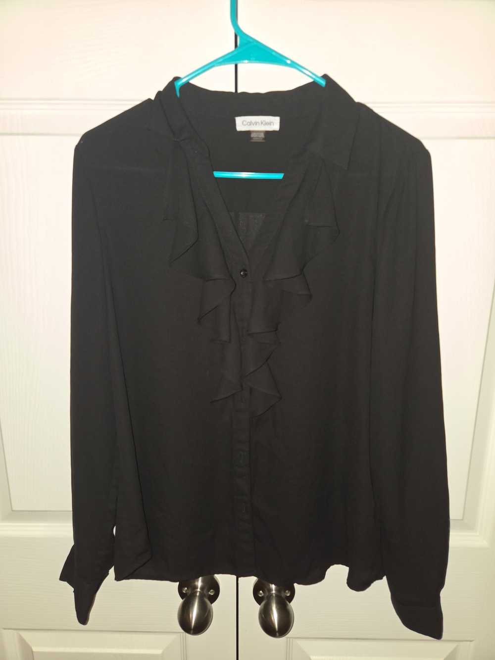 Calvin Klein Black Ruffle Front Button-Down Blouse